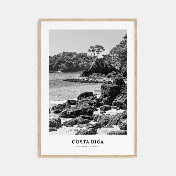 Costa Rica Rocky Cove Volcanic Shore Black and White Travel Poster