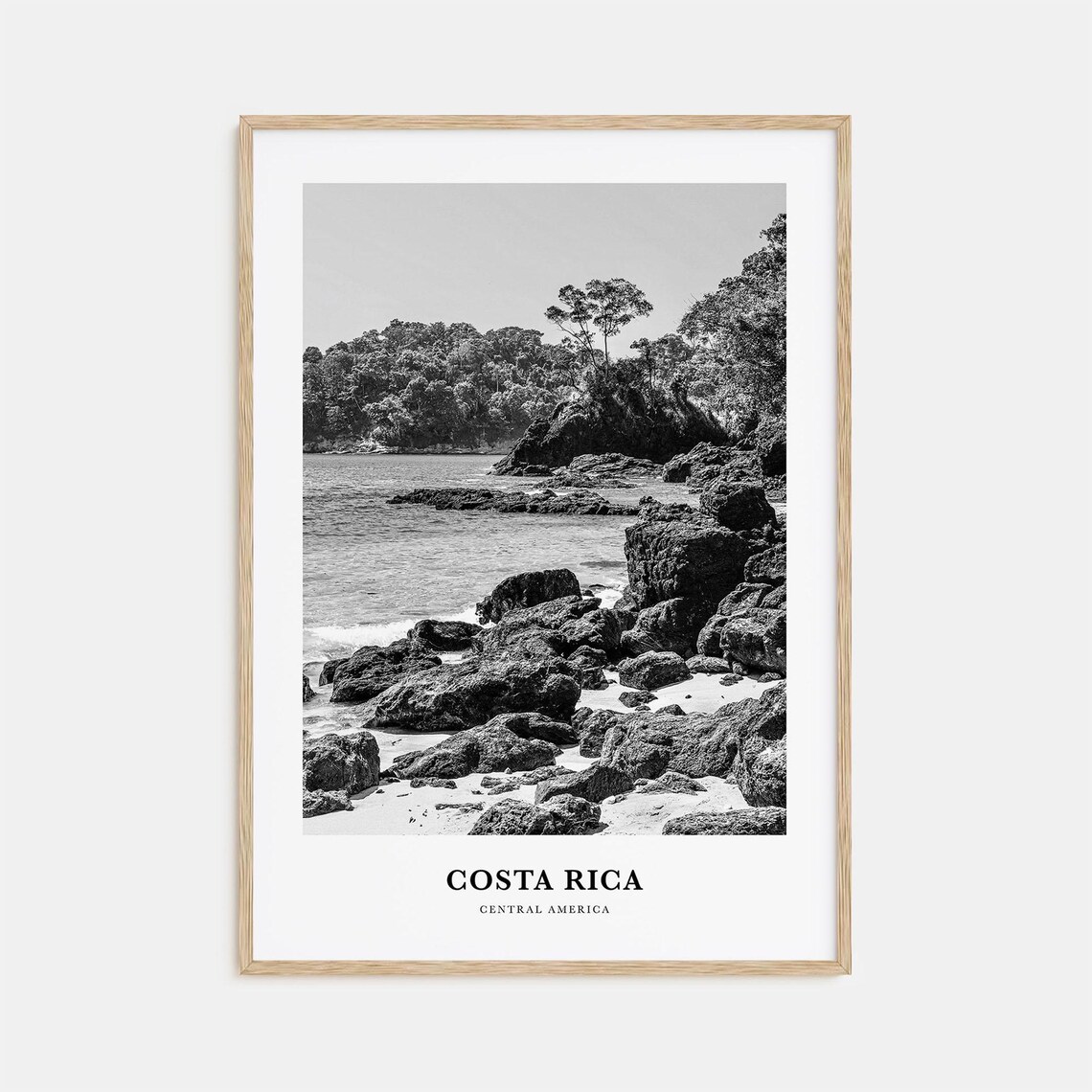 Costa Rica Rocky Cove Volcanic Shore Black and White Travel Poster