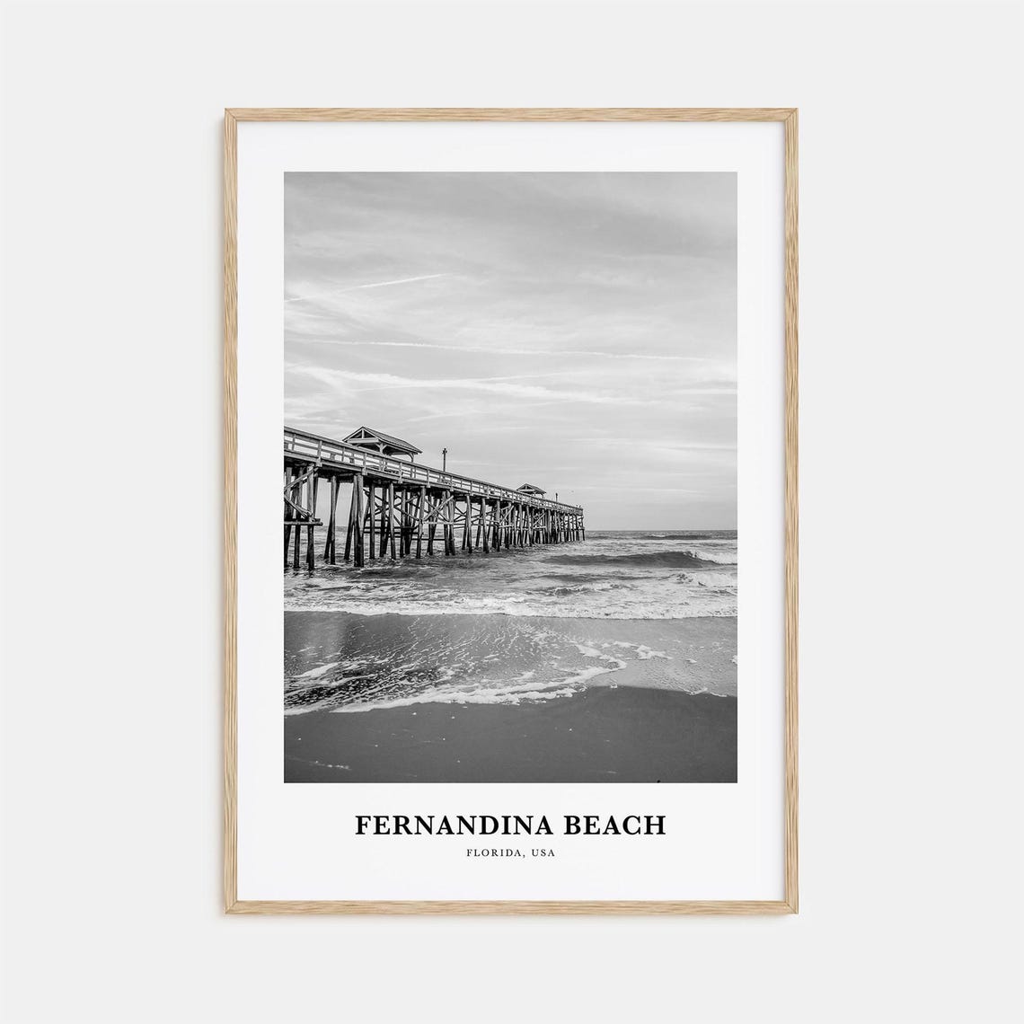 Fernandina Beach Wooden Fishing Pier Black and White Travel Poster