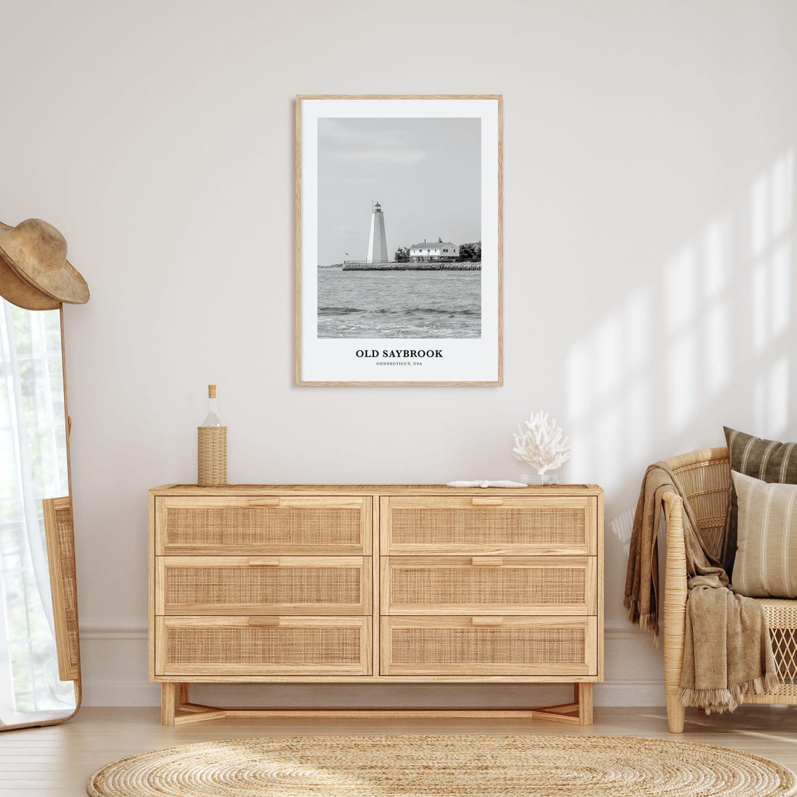 Old Saybrook Connecticut Lighthouse Coast Black White Travel Poster - Image 3