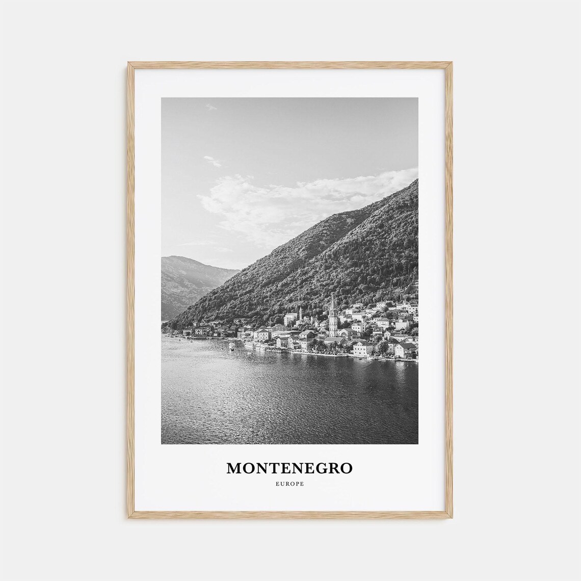Montenegro Bay of Kotor Coastal Town Bay Black and White Poster
