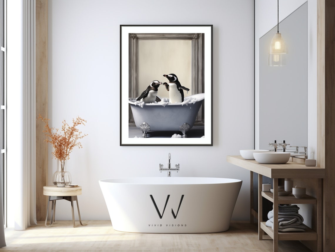 Two Funny Penguins Sharing a Bubble Bath in a Clawfoot Tub Poster - Image 3