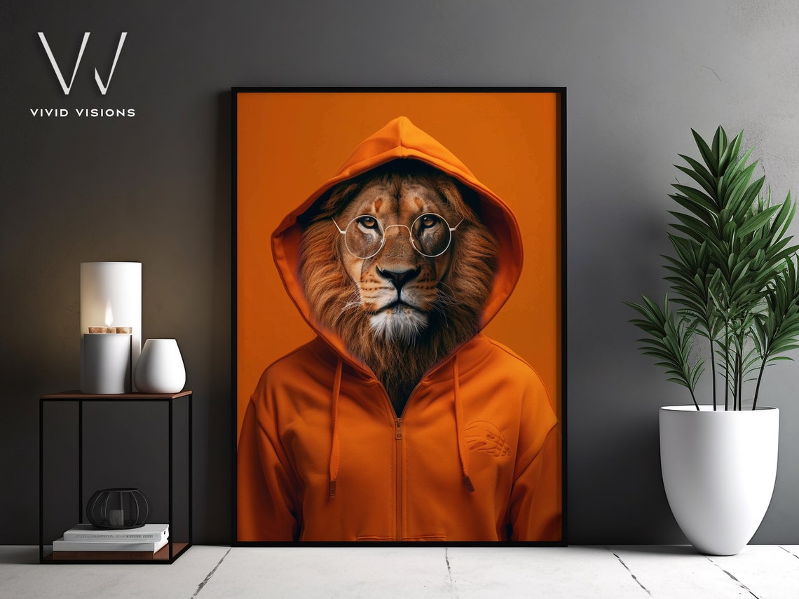 Modern Lion Portrait Stylish Animal Art In Suit Cool Lion In Orange Hoodie Contemporary Wall Art Vintage Poster Unframed Art1351