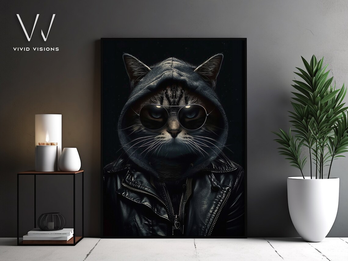 Modern Cat Portrait in Sunglasses, Vintage Poster
