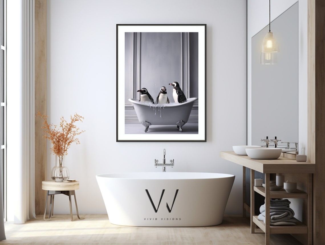 Three Penguins in a Vintage Clawfoot Bathtub Funny Wall Poster - Image 3