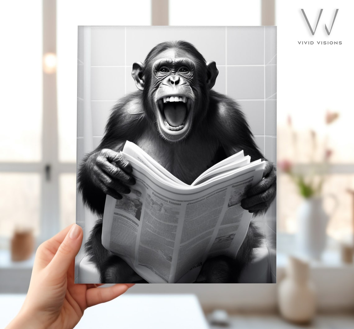 Black and White Laughing Monkey on the Toilet Funny Wall Poster - Image 4