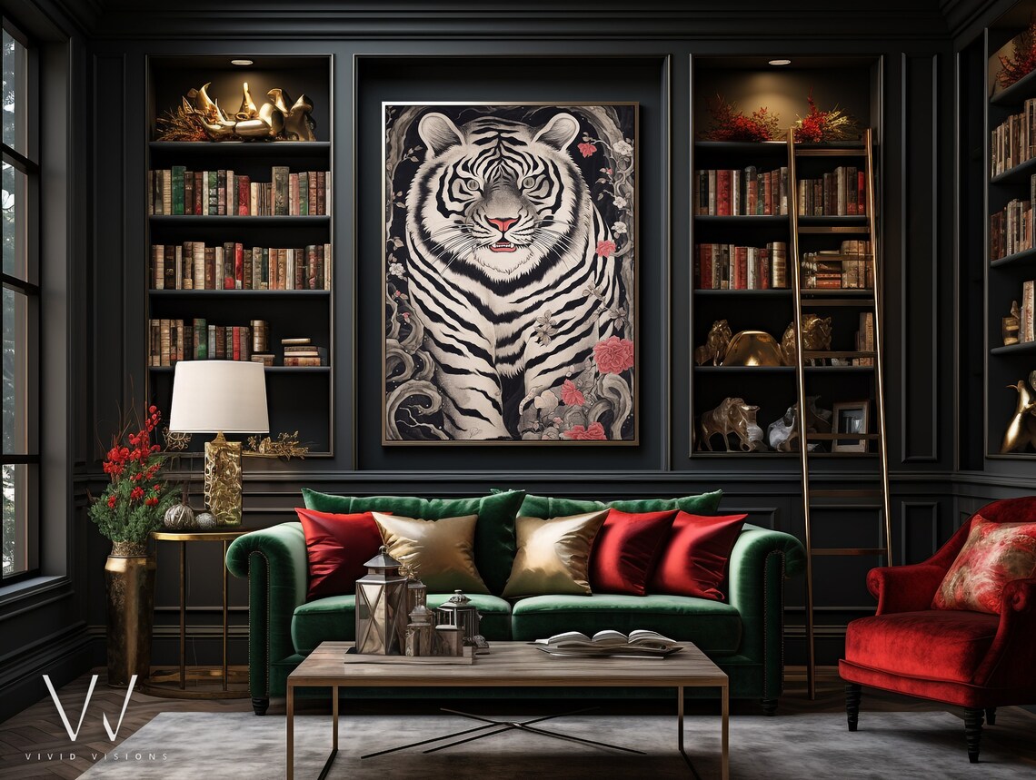 White Tiger Japanese Style Red Peony Floral Wildlife Art Poster - Image 3