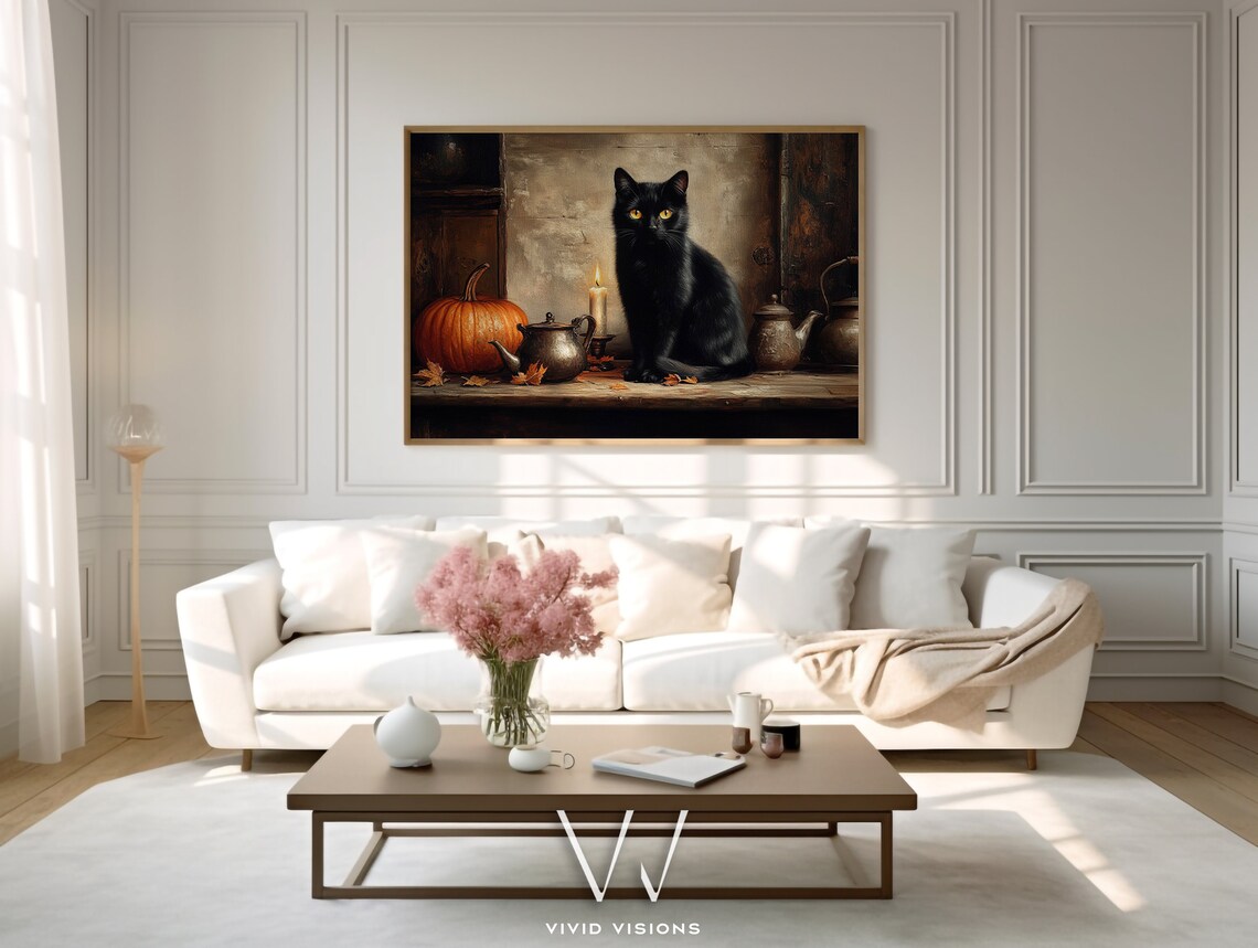 Vintage Black Cat with Pumpkin Candle and Teapot Halloween Kitchen Poster - Image 3