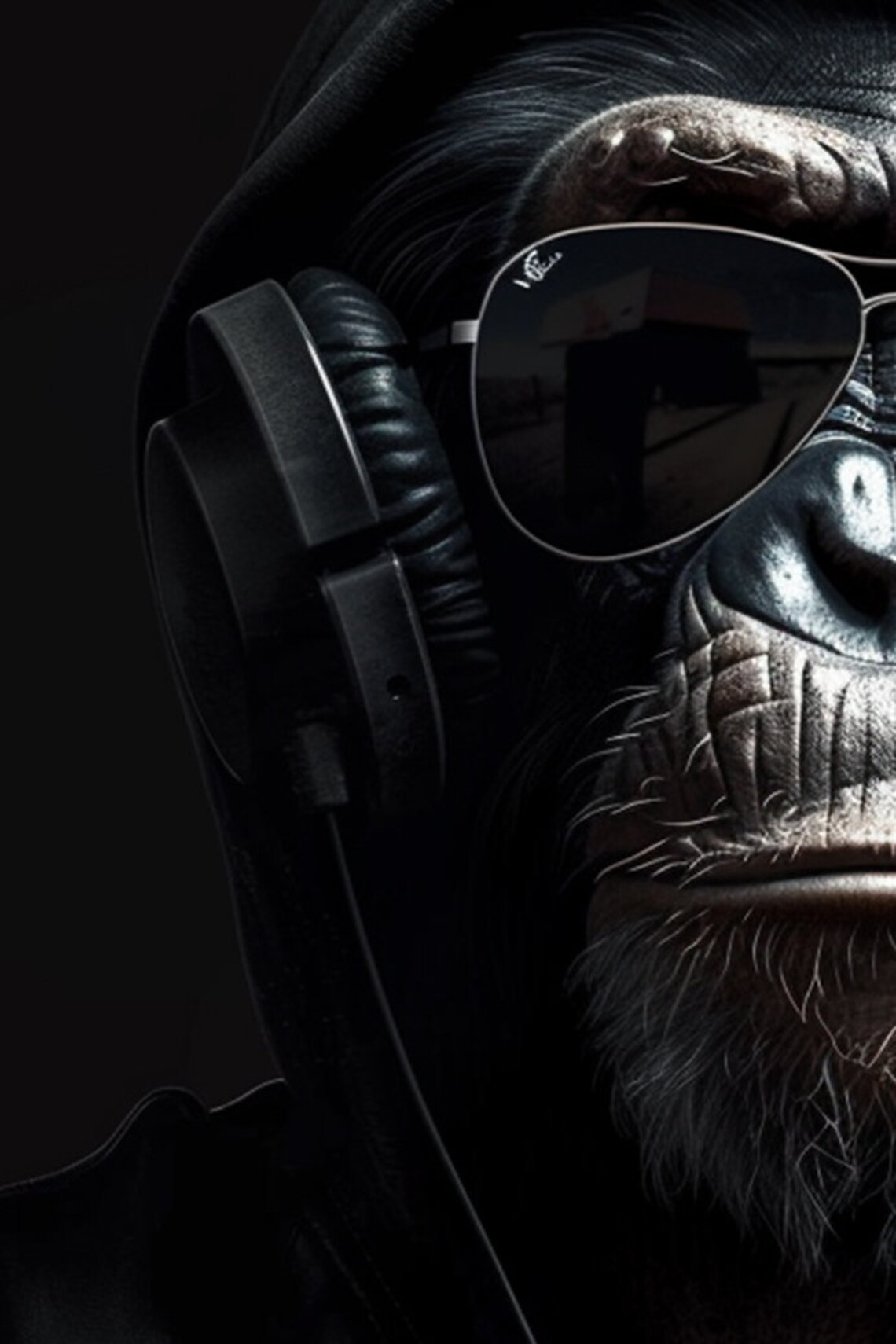 Chimp in Black Hoodie Sunglasses Headphones Dark DJ Portrait Poster - Image 2