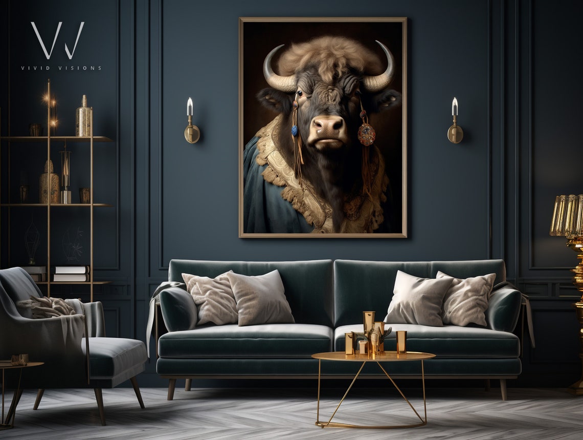 Regal Buffalo Gold Lace Shawl Blue Drape Animal Portrait Poster - Image 4