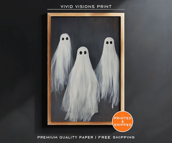 Three Friendly Ghosts On Dark Background Poster Minimal Halloween Art