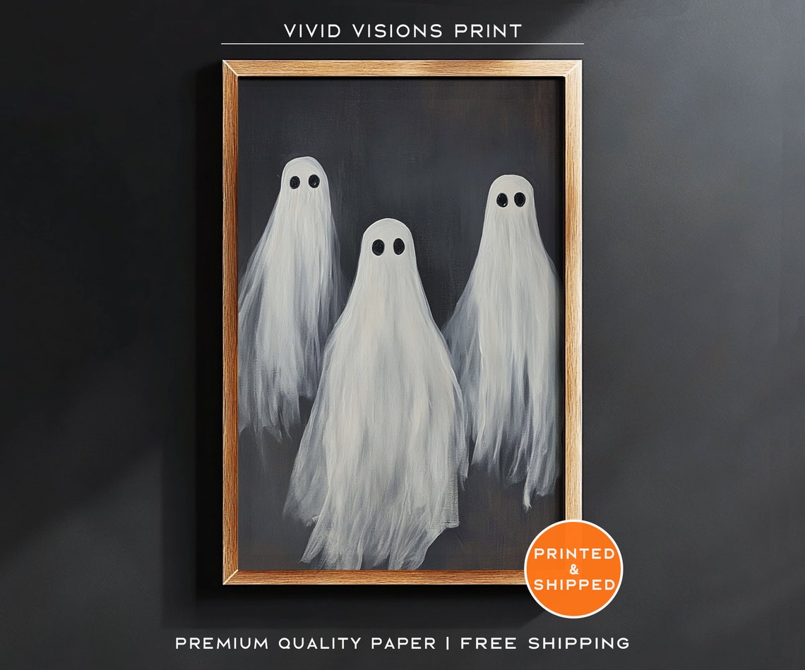 Three Friendly Ghosts On Dark Background Poster Minimal Halloween Art