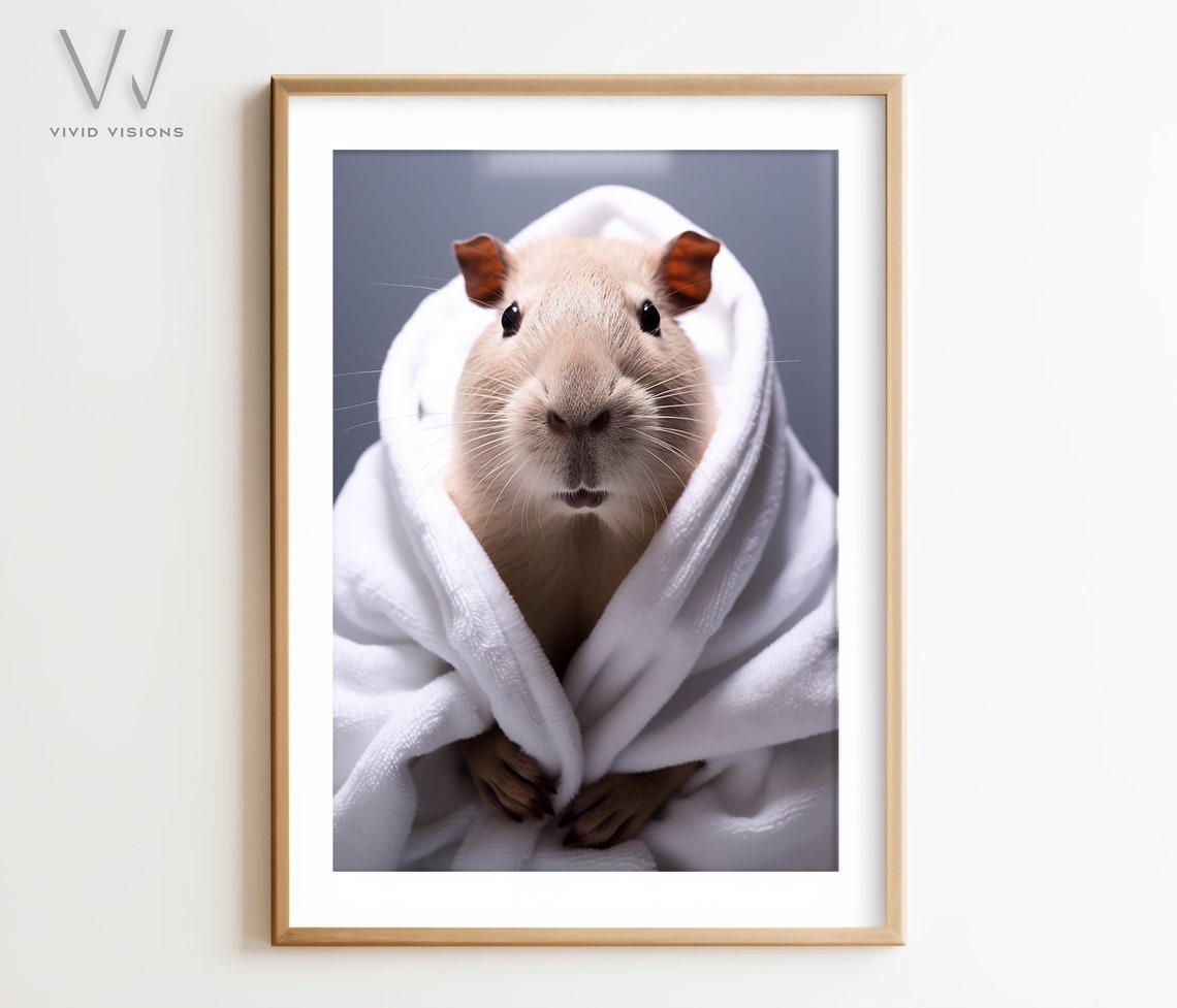 Cute Capybara Wrapped in Cozy White Towel Funny Bathroom Poster