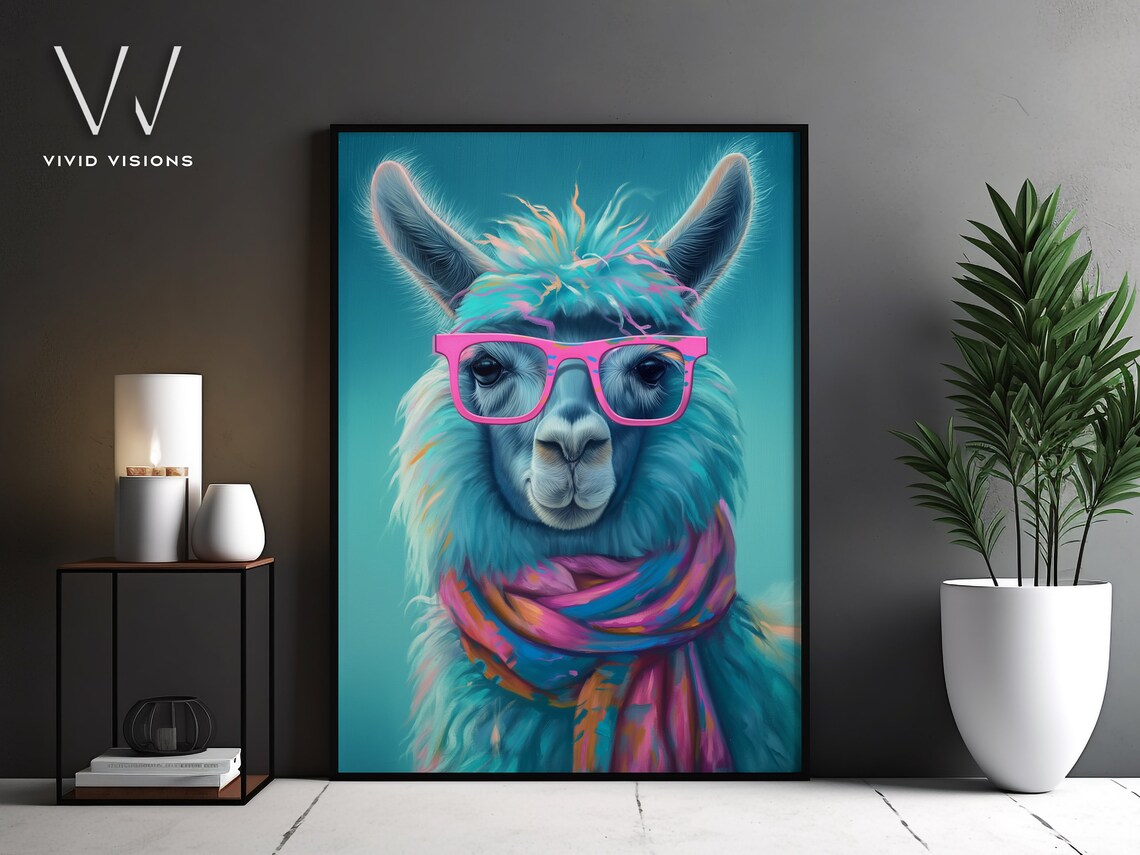 Colorful Llama Portrait Pink Glasses Rainbow Scarf Pop Art Poster