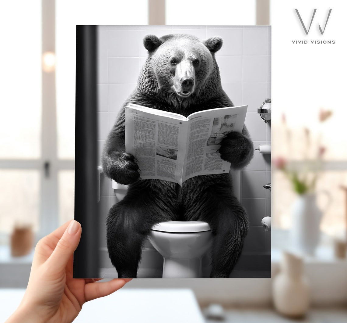 Black and White Bear Reading Newspaper on the Toilet Wall Poster - Image 4