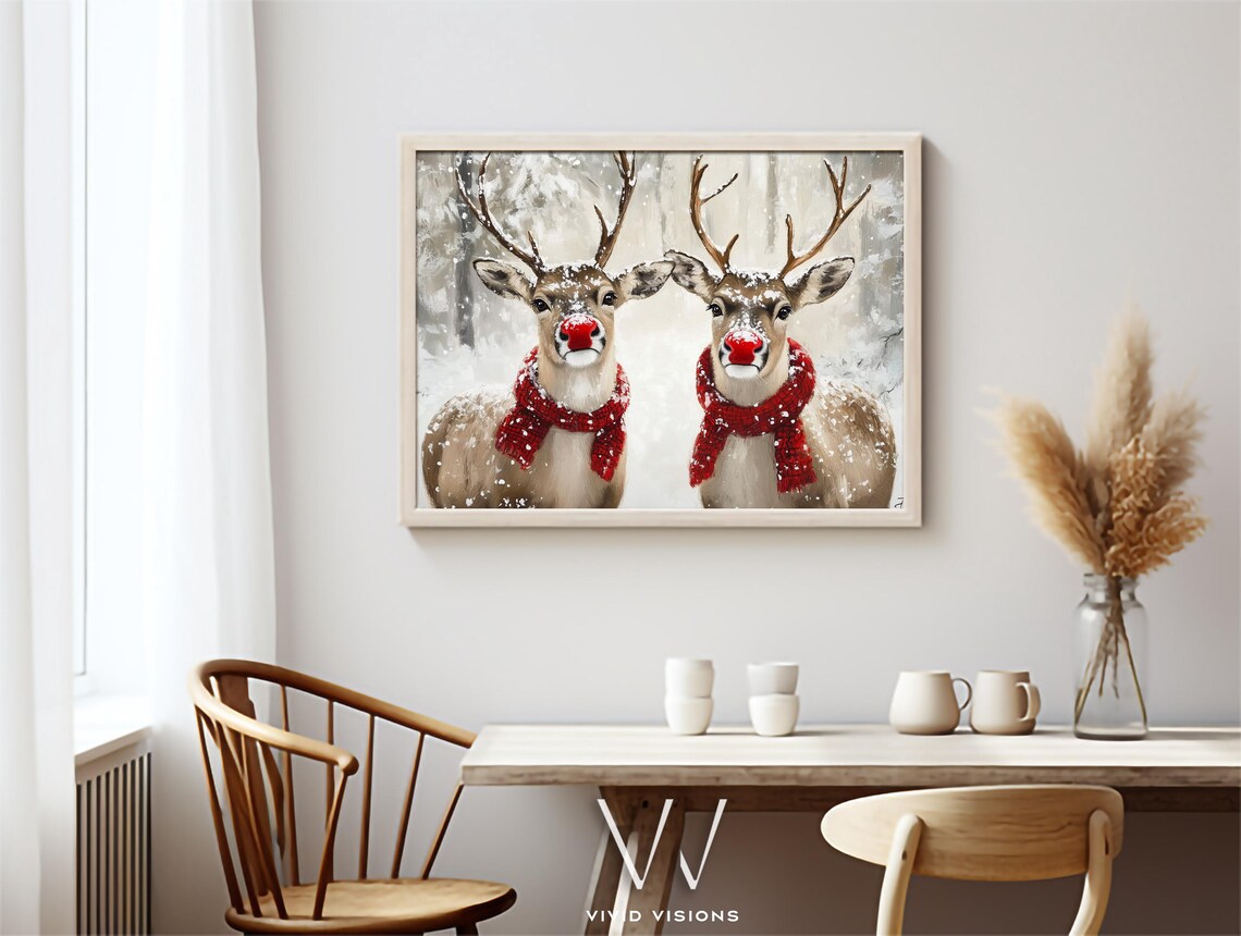 Two Reindeer with Red Noses and Scarves in Snow Christmas Poster - Image 3