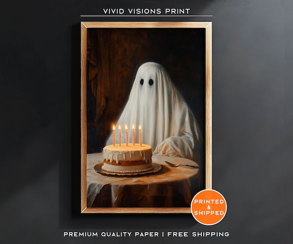 Ghost Behind A Birthday Cake With Lit Candles Poster Whimsical Art