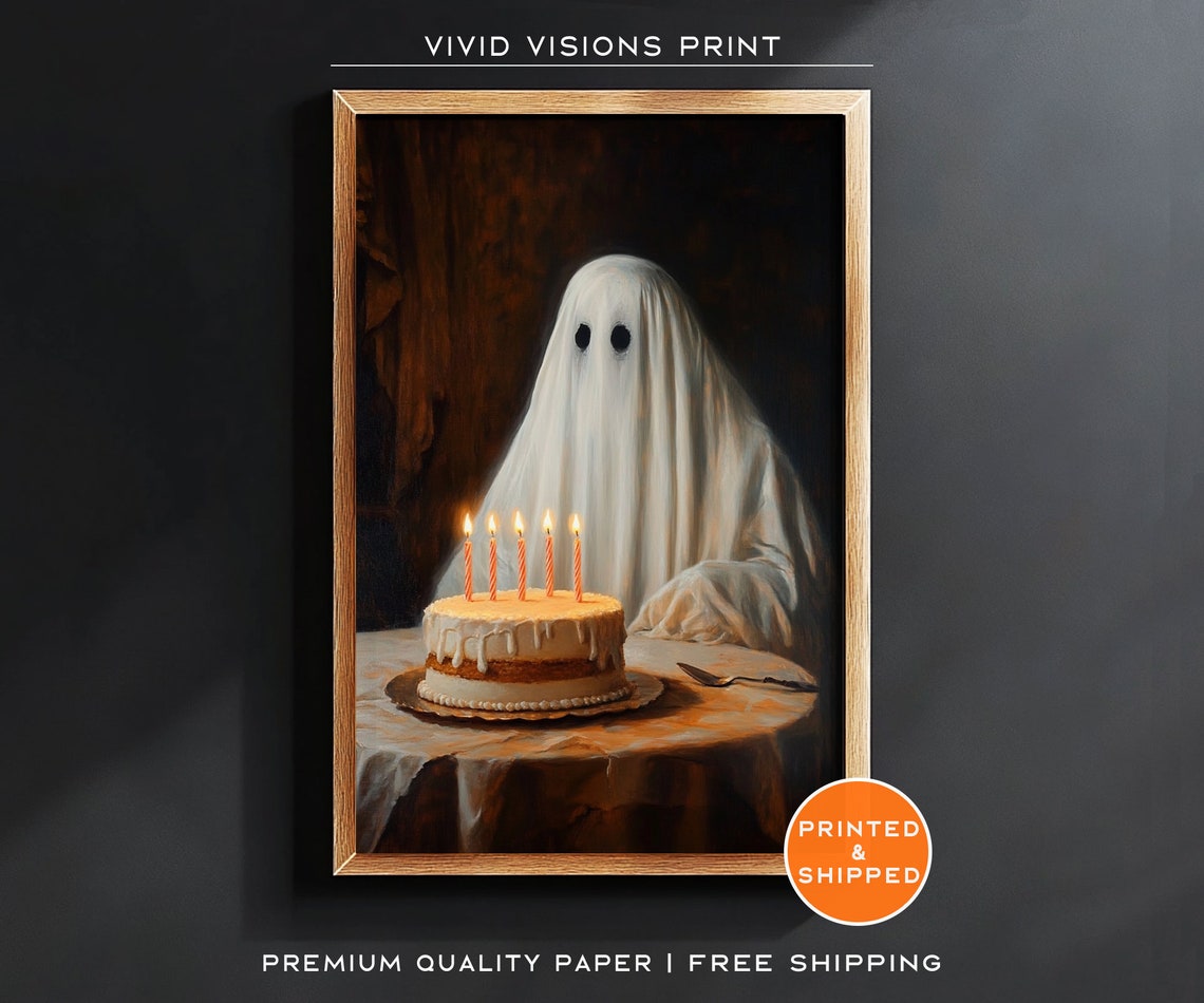 Ghost Behind A Birthday Cake With Lit Candles Poster Whimsical Art