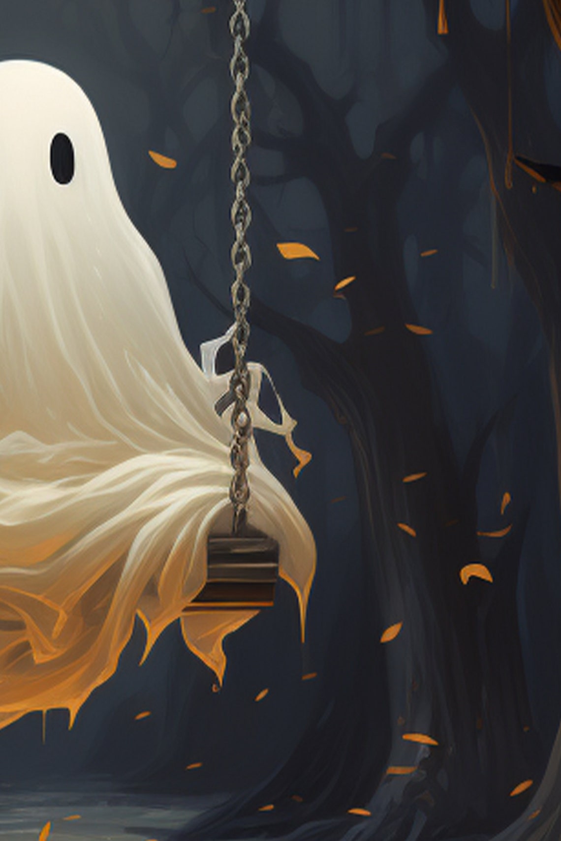 Cute Ghost On A Swing In A Spooky Moonlit Forest Halloween Poster Art - Image 2