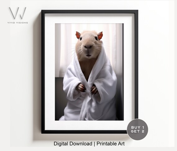 Capybara in a Cozy White Bathrobe Standing Animal Bathroom Poster