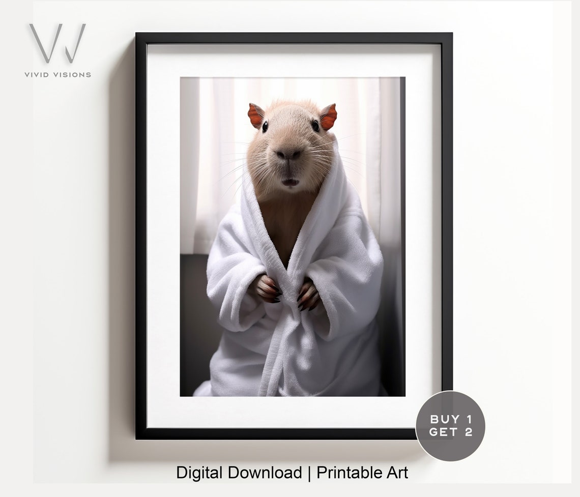 Capybara in a Cozy White Bathrobe Standing Animal Bathroom Poster