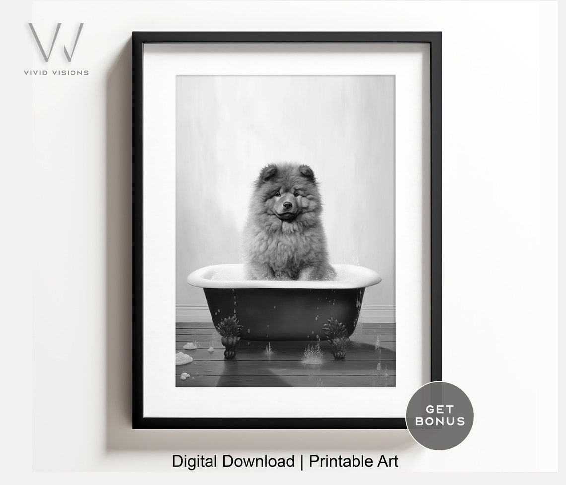Chow Chow Puppy Bubble Bath Black White Funny Bathroom Poster