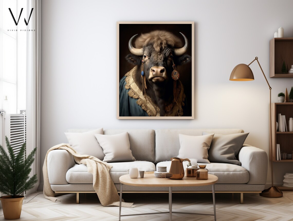 Regal Buffalo Gold Lace Shawl Blue Drape Animal Portrait Poster - Image 3