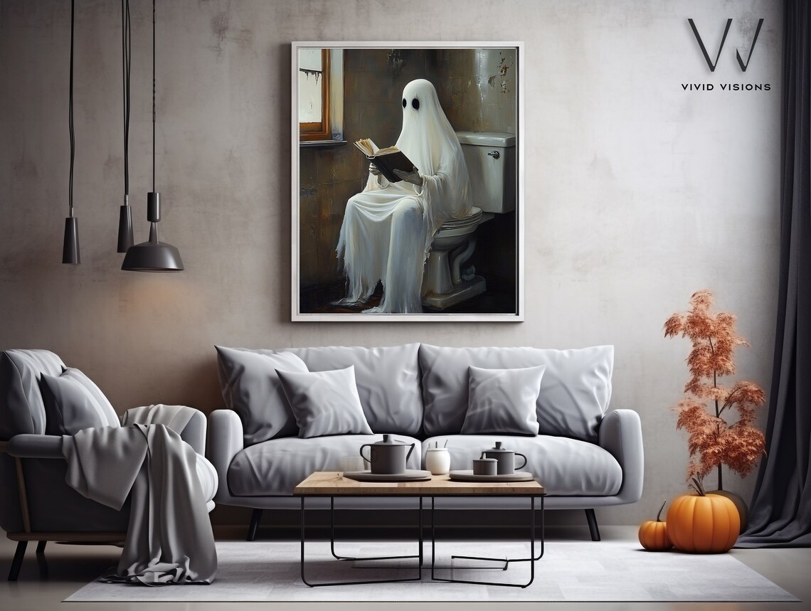 Ghost Reading In Bathroom Vintage Halloween Art Print - Image 3