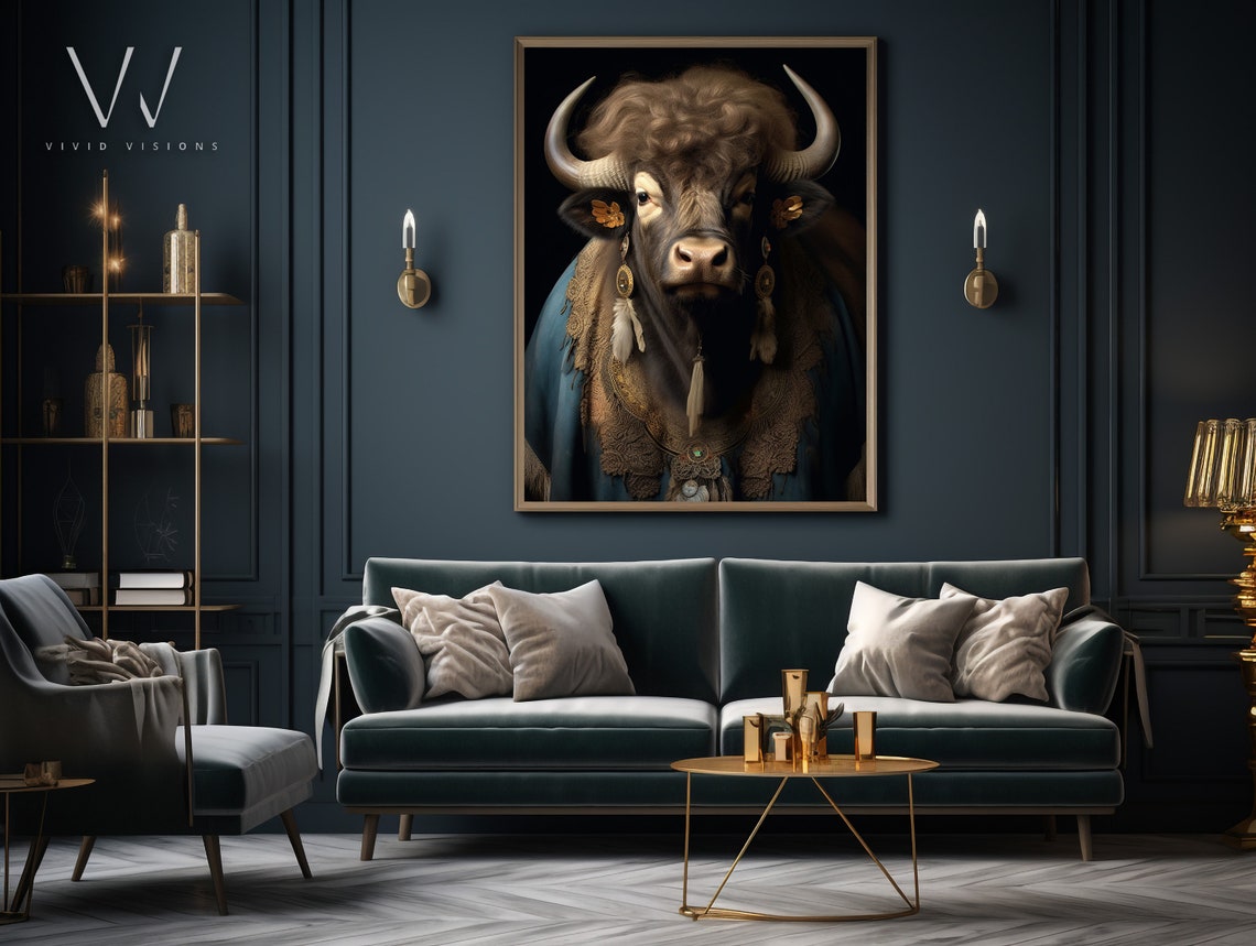 Water Buffalo in a Lace Cape with Feather Earrings Royal Poster - Image 3