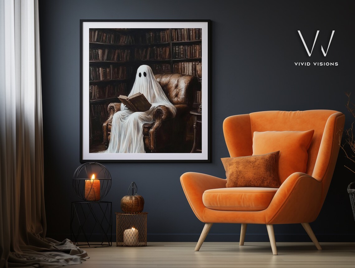 Bookish Ghost Reading In A Cozy Library Poster Vintage Dark Academia - Image 3