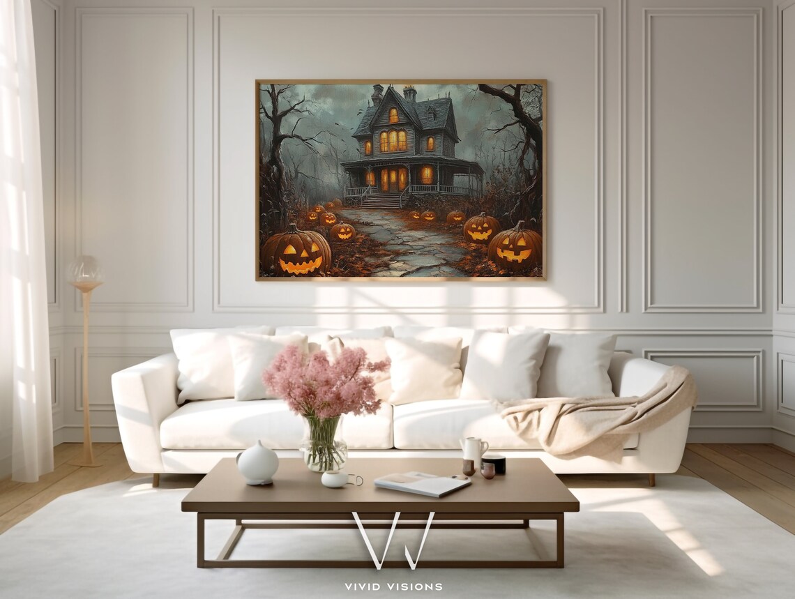 Misty Haunted House with Glowing Windows and Pumpkins Halloween Poster - Image 4