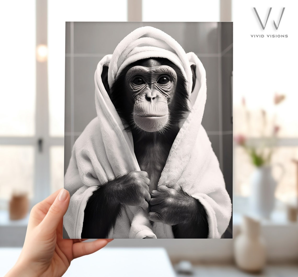 Funny Chimpanzee With Towel on Head Black and White Spa Poster - Image 4
