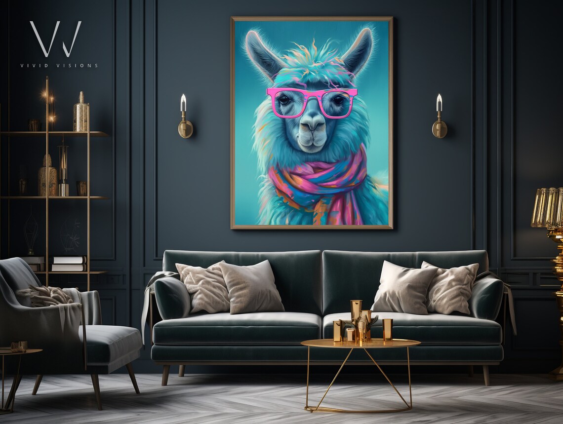 Colorful Teal Llama with Pink Glasses Bright Animal Portrait Poster - Image 3
