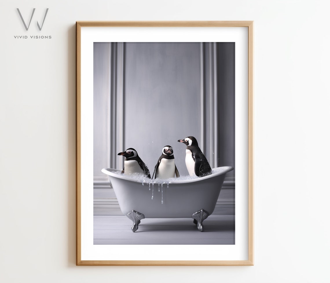 Three Penguins Taking a Bubble Bath in Vintage Clawfoot Tub Poster