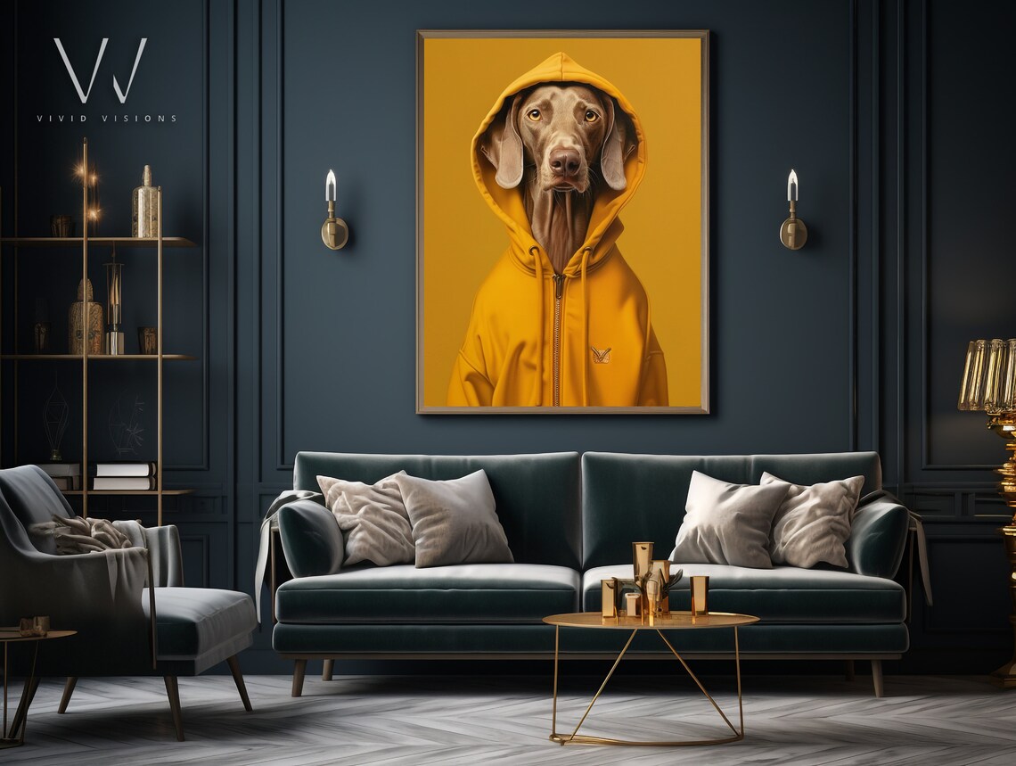 Weimaraner Dog in Yellow Hoodie Cozy Golden Pet Portrait Poster - Image 3
