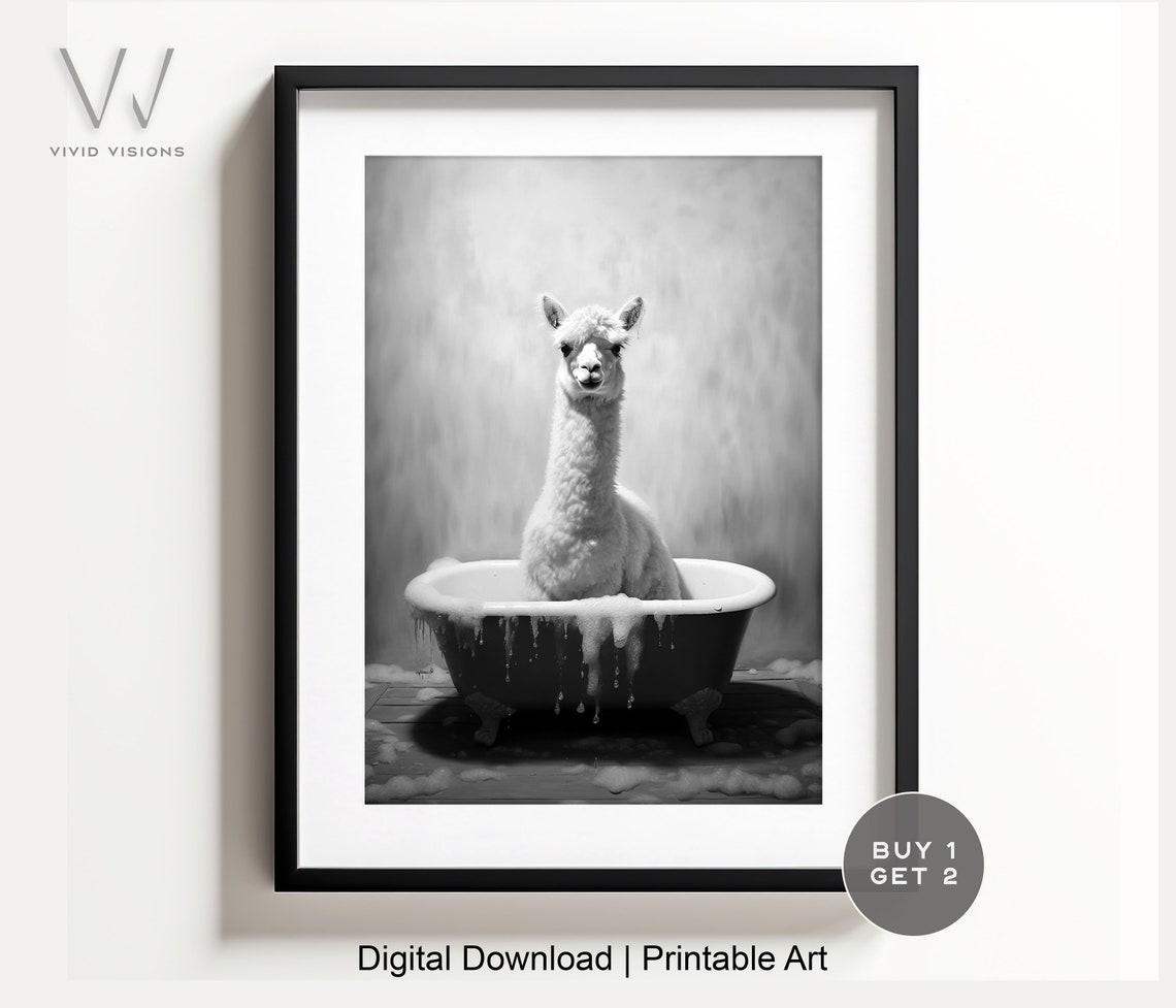 Llama in Vintage Bathtub Black White Funny Bathroom Wall Art