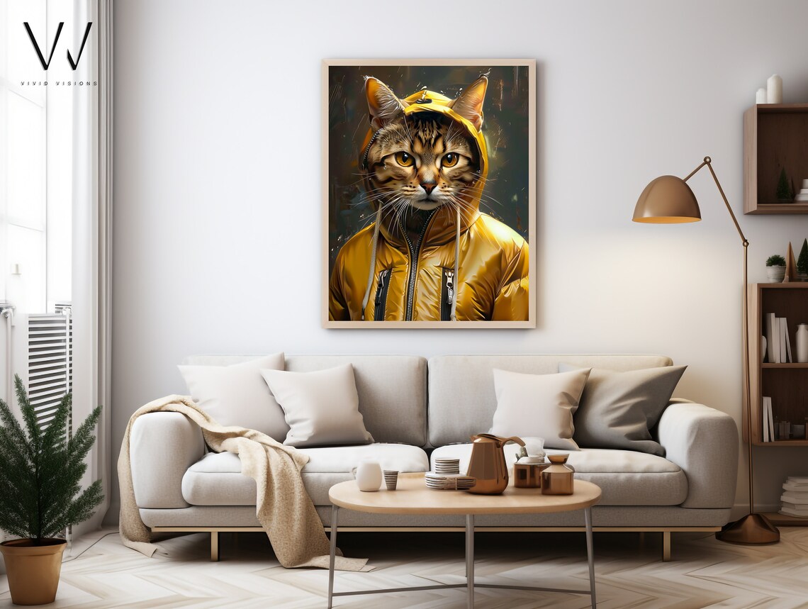 Tabby Cat in Yellow Raincoat Hood Up Moody Urban Style Poster - Image 4
