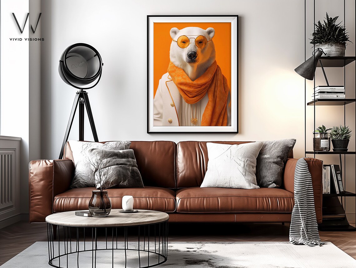 Polar Bear in White Suit Orange Scarf Sunglasses Bold Animal Poster - Image 4