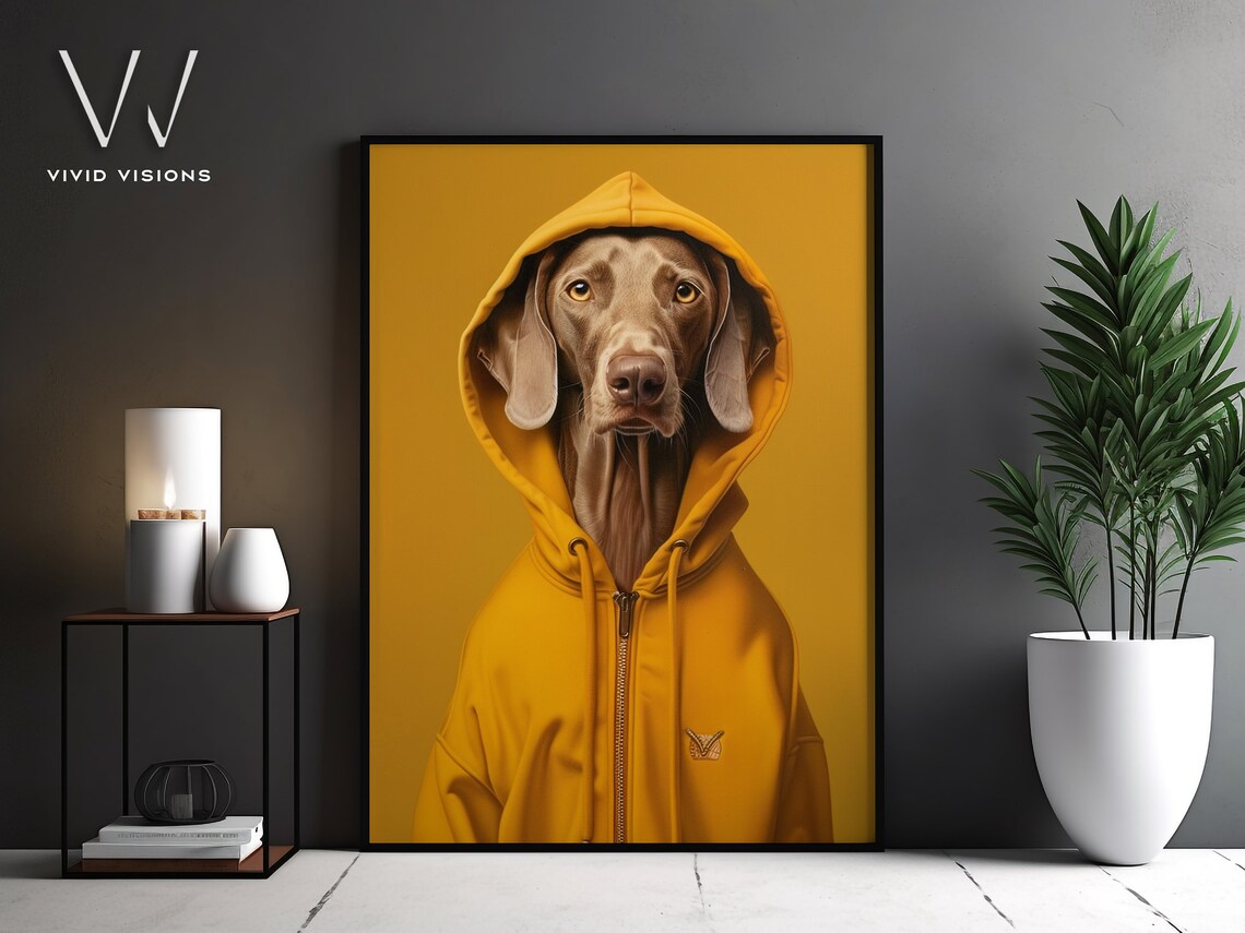 Weimaraner Dog Portrait Yellow Hoodie Mustard Background Fun Poster