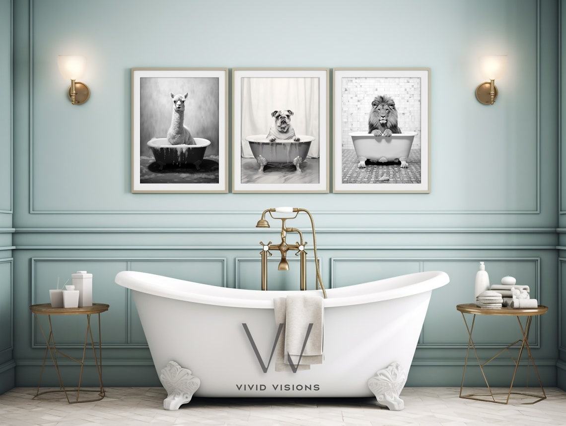 Set of 3 Animals in Bathtubs Black White Funny Bathroom Wall Art - Image 2