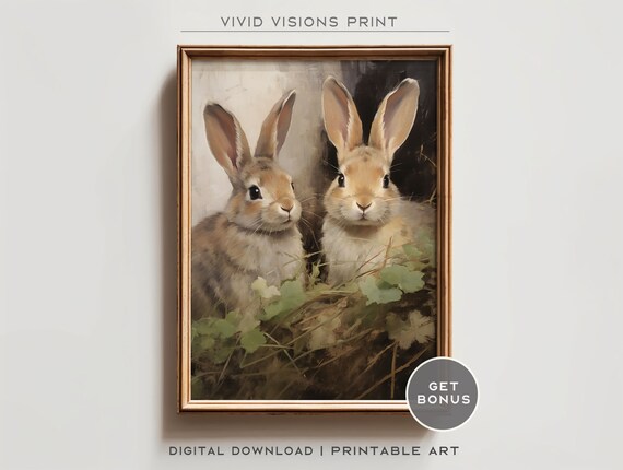 Bunny Pair in Tall Clover Vintage Easter Rabbit Spring Poster