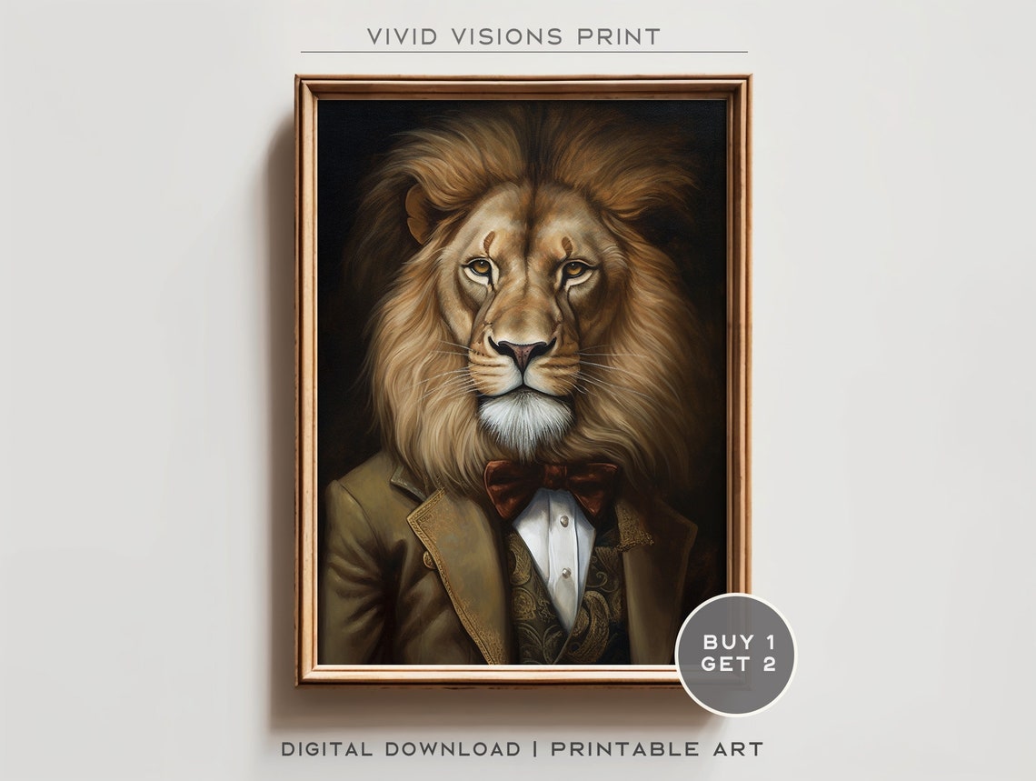 Victorian Lion Portrait Tan Suit Red Bow Tie Gentleman Art Poster