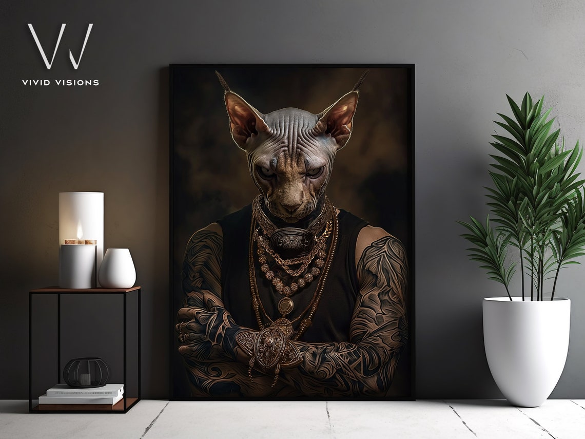Sphynx Cat with Gold Chains Tattoos Hip Hop Rapper Pet Portrait Poster