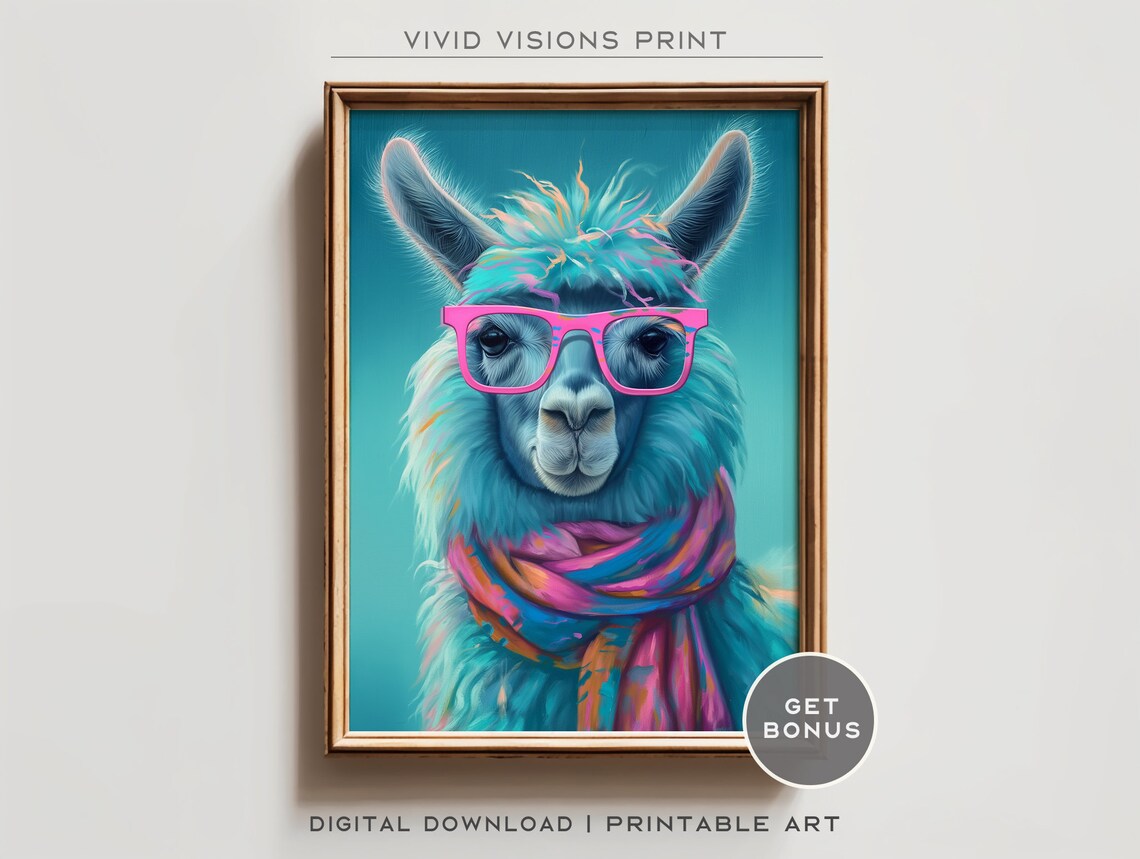 Colorful Teal Llama with Pink Glasses Bright Animal Portrait Poster
