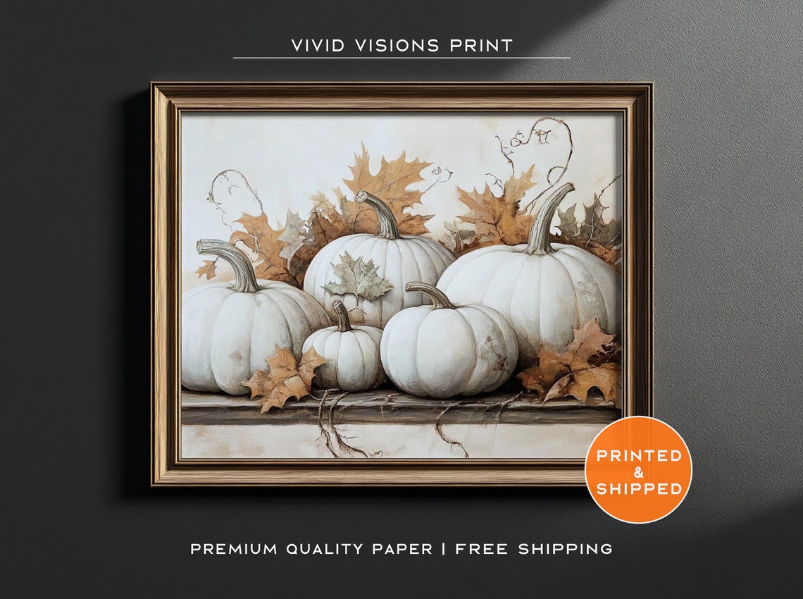 White Pumpkin Still Life with Autumn Leaves Rustic Fall Harvest Poster