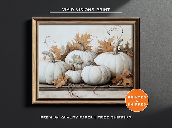 White Pumpkin Still Life with Autumn Leaves Rustic Fall Harvest Poster