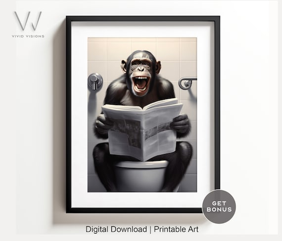 Chimpanzee Laughing on the Toilet with Newspaper Funny Poster