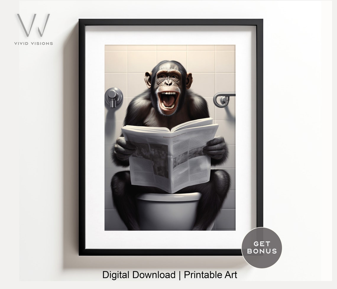 Chimpanzee Laughing on the Toilet with Newspaper Funny Poster