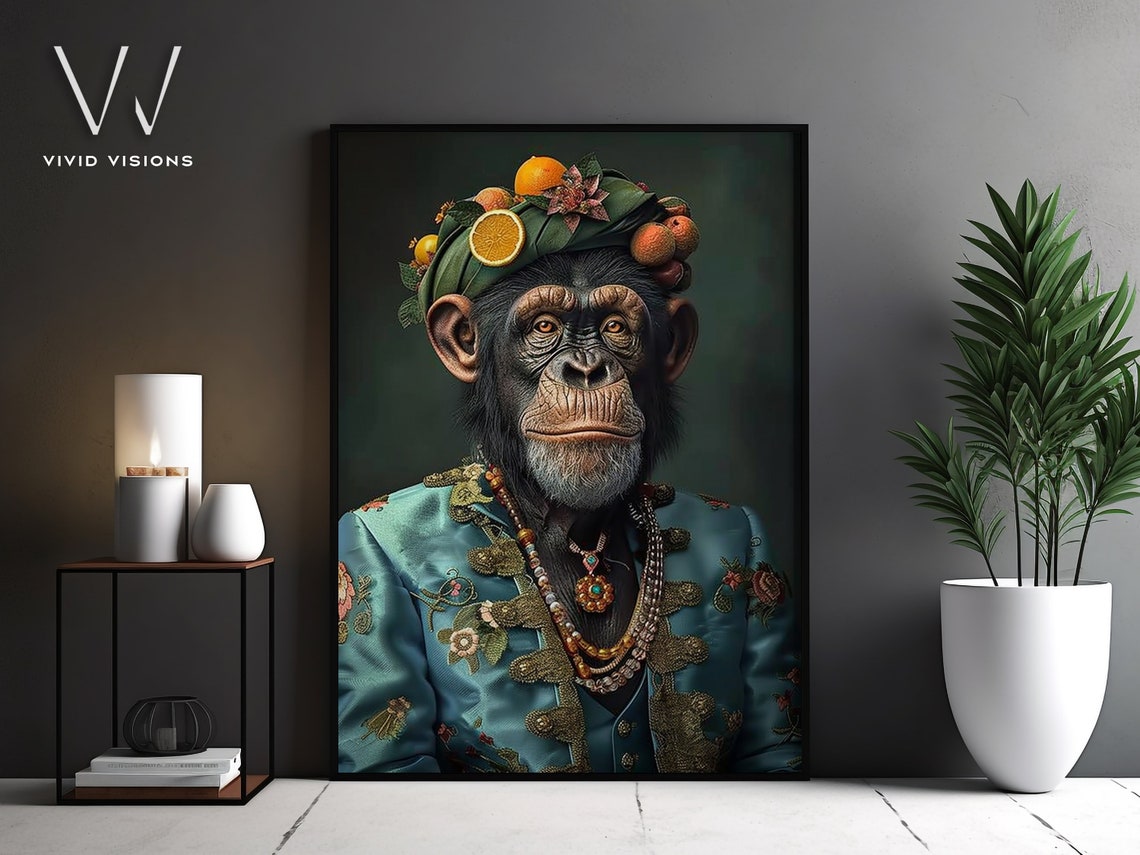 Chimpanzee Portrait Fruit Turban Teal Embroidered Jacket Art Poster