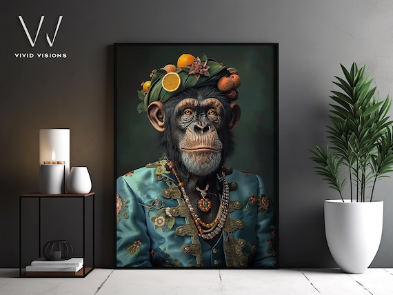 Chimpanzee Portrait Fruit Turban Teal Embroidered Jacket Art Poster